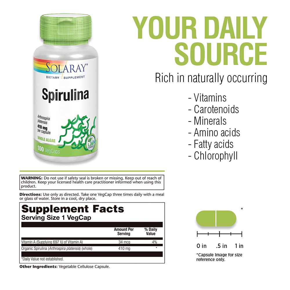 SOLARAY Spirulina 410mg 100ct, 100 Serv.