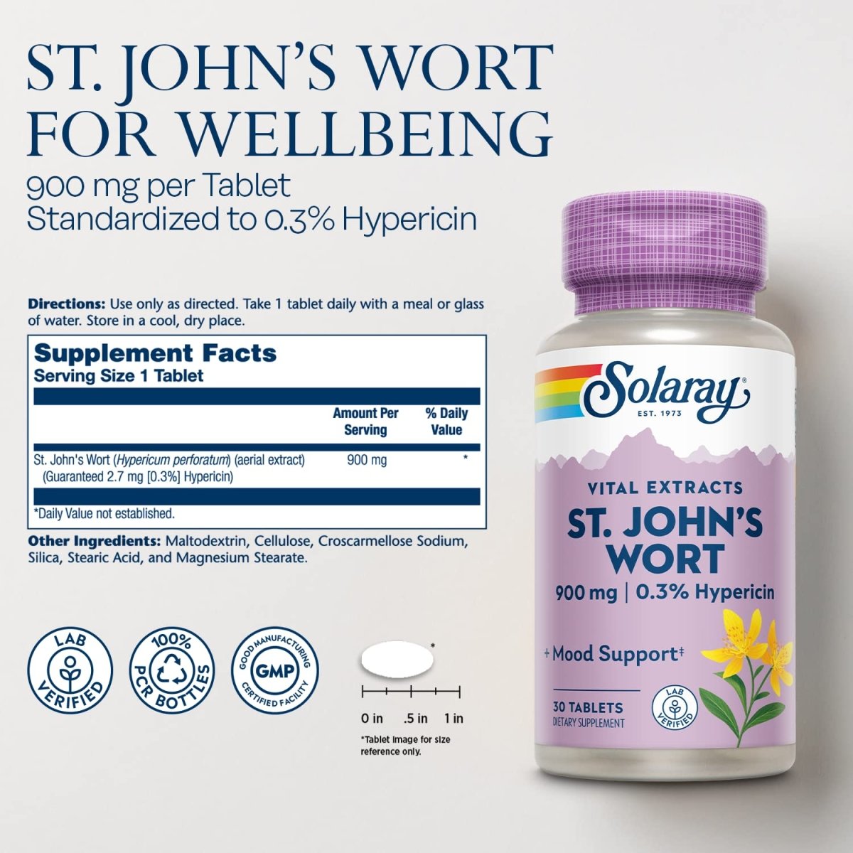 SOLARAY St John's Wort 900 mg, Once Daily Mood Support Supplement, Standardized to 0.3% Hypericin for Brain Health Support and a Balanced Mood, 60-Day Money Back Guarantee 30 Servings 30 Tablets