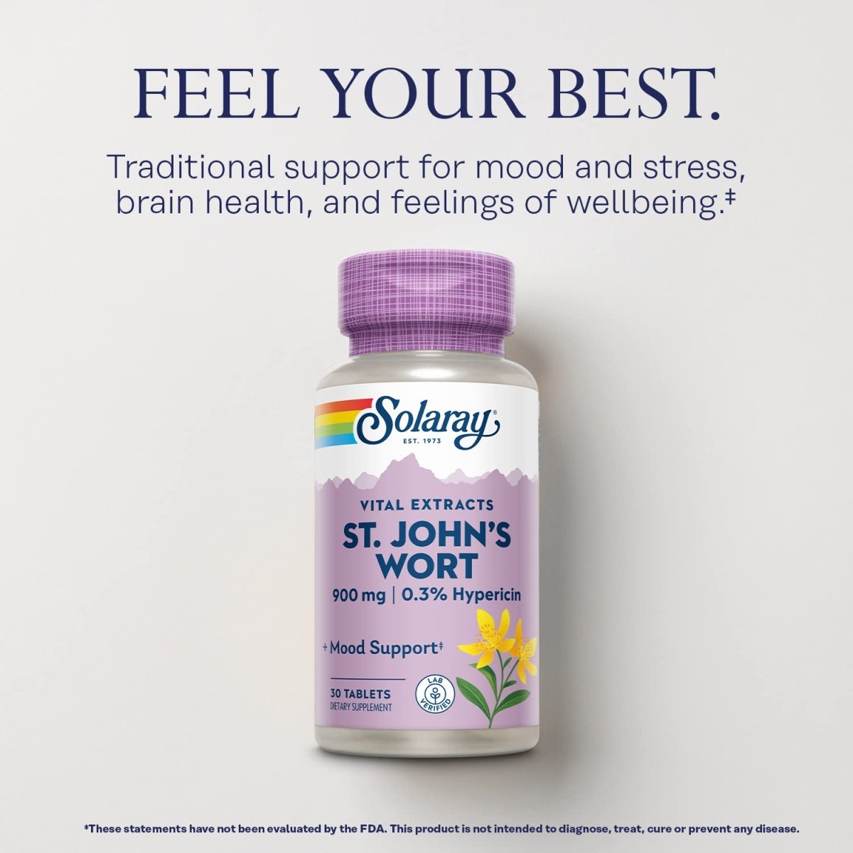 SOLARAY St John's Wort 900 mg, Once Daily Mood Support Supplement, Standardized to 0.3% Hypericin for Brain Health Support and a Balanced Mood, 60-Day Money Back Guarantee 30 Servings 30 Tablets