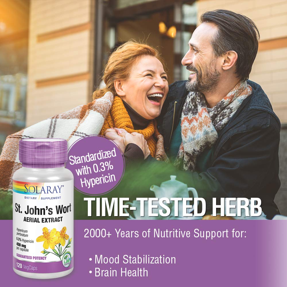 SOLARAY St John's Wort Aerial Extract 300 mg, 0.3% Hypericin, Mood & Brain Health Support, Vegan & Lab Verified for Quality, 120 Servings, 120 VegCaps