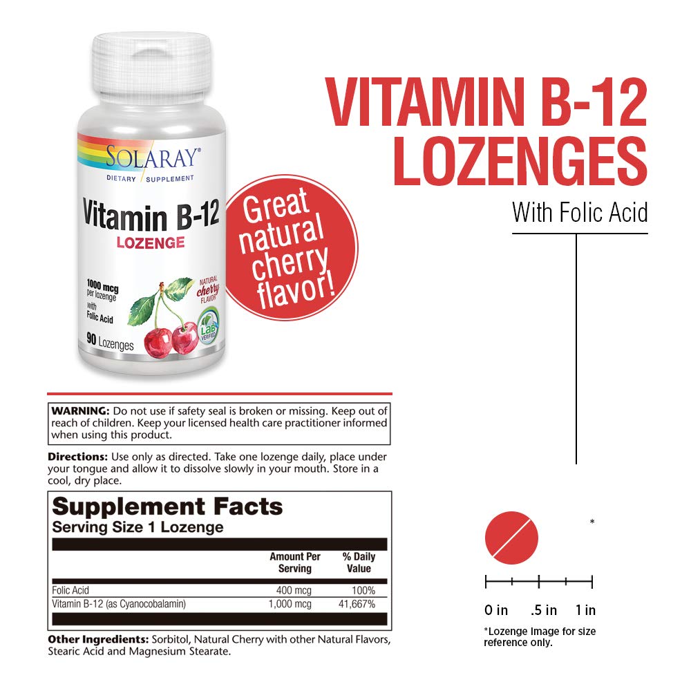 SOLARAY Vitamin B-12 1000mcg Lozenges with Folic Acid 90CT