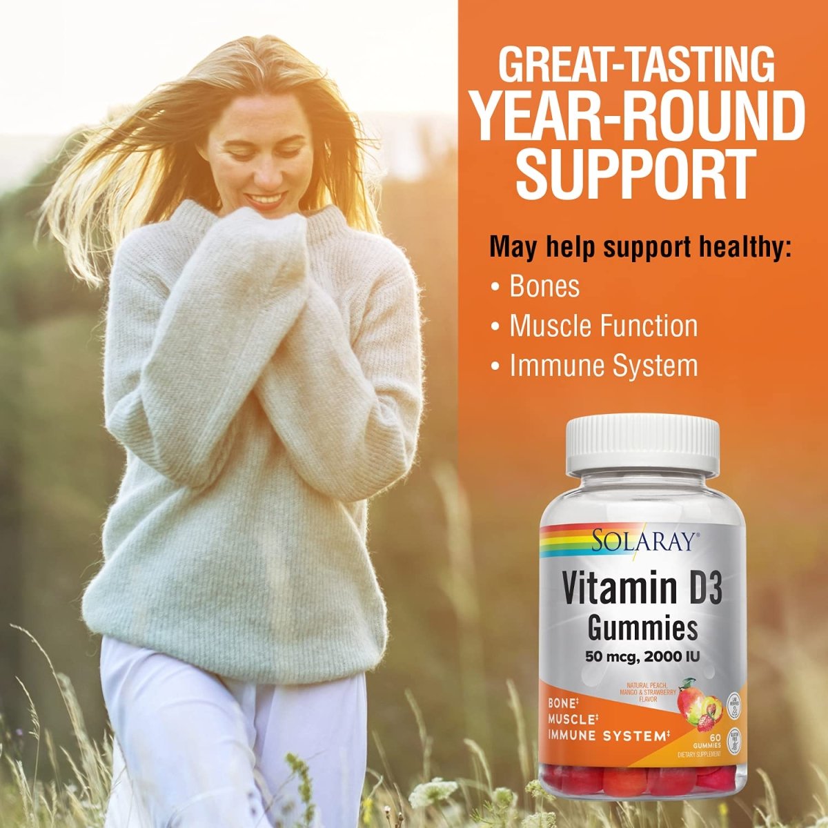 SOLARAY Vitamin D3 Gummies 50 mcg, 2000 IU 30 Serv, 60 Ct