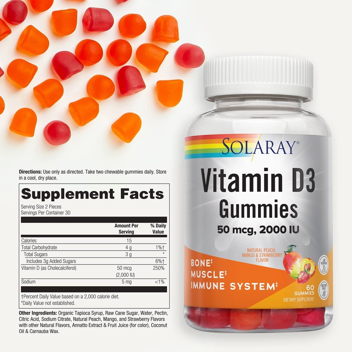 SOLARAY Vitamin D3 Gummies 50 mcg, 2000 IU 30 Serv, 60 Ct