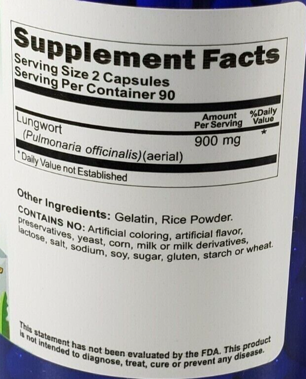 Lungwort 900mg 180 Caps Pulmonaria Officinalis
