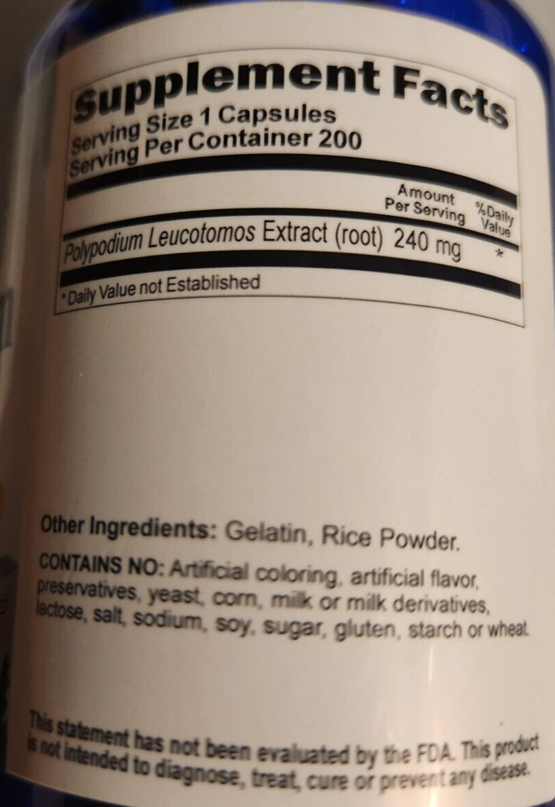 Polypodium Leucotomos Extract 240mg 200 Capsules | Vitamins Because | Skin UV & Antioxidant Support