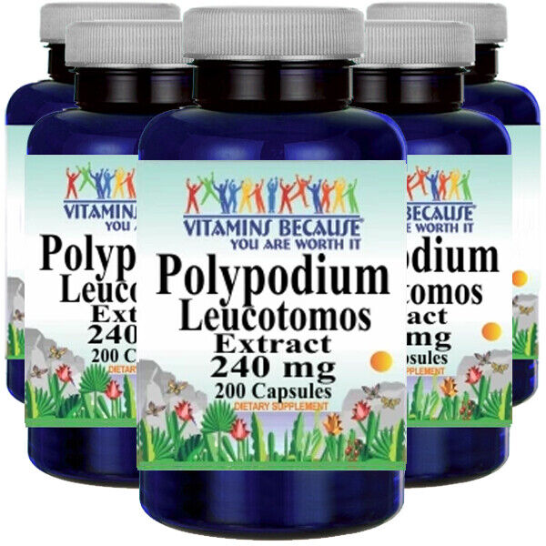 Polypodium Leucotomos Extract 240mg 5X200 Capsules | Vitamins Because | Skin UV & Antioxidant Support