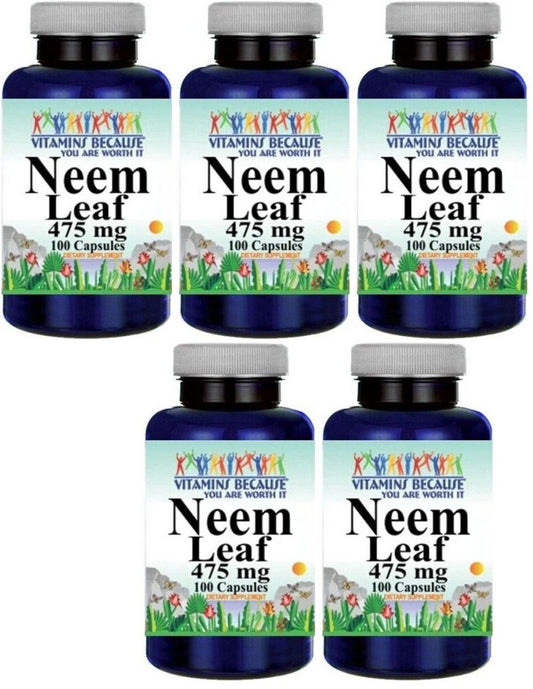 Neem Leaf 475mg Blood Sugar Support 5X100 Caps Neem 950mg per 2 Caps Azadirachta