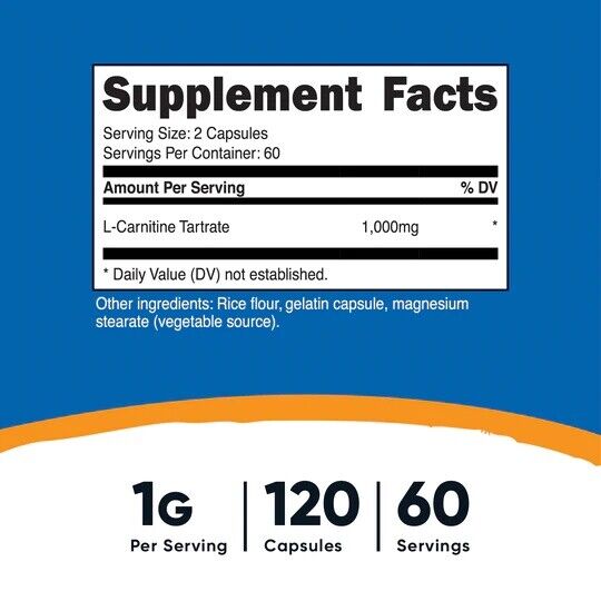Nutricost L-Carnitine 1000mg Tartrate 3X120Caps or 1X240 & 1X120 1000mg Per Serv