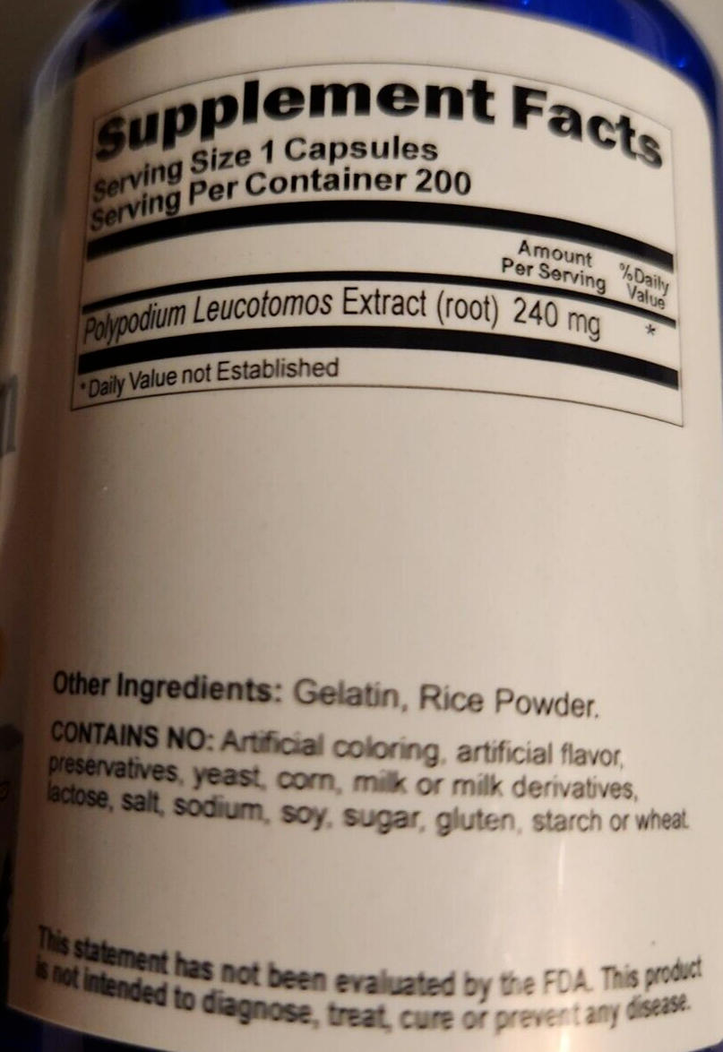 Polypodium Leucotomos Extract 240mg 5X200 Capsules | Vitamins Because | Skin UV & Antioxidant Support