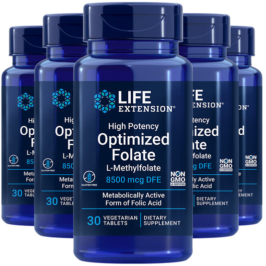 Life Extension High Potency Optimized Folate | L-Methylfolate (5-MTHF) 8500mcg | 5-Pack 30 Vegetarian Tablets