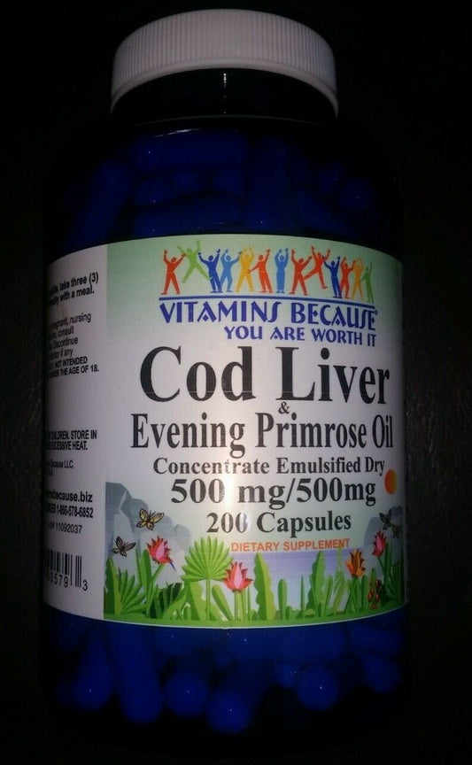Cod Liver Oil Concentrate and Evening Primrose EPA/DHA/GLA Vitamin D3 200 Caps