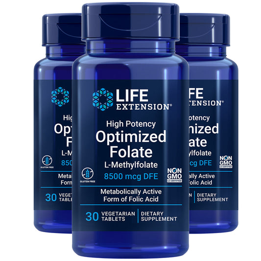 Life Extension High Potency Optimized Folate | L-Methylfolate (5-MTHF) 8500mcg | 3-Pack 30 Vegetarian Tablets