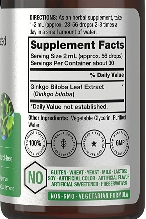 Ginkgo Biloba Liquid Extract 2 fl oz| Alcohol-Free, Vegetarian/Non GMO/No Gluten