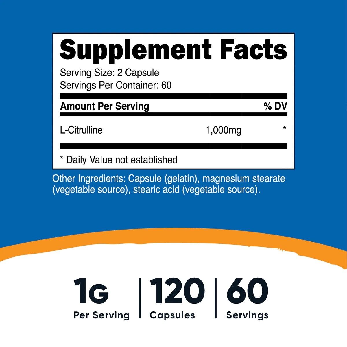 L-Citrulline 1000mg 120 Capsules Gluten Free & Non-GMO Nutricost