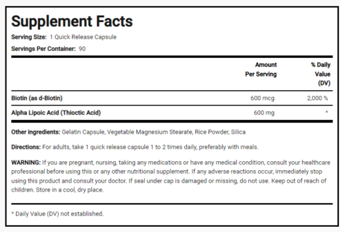 Alpha Lipoic Acid 600mg plus Biotin Optimizer 90 Caps Piping