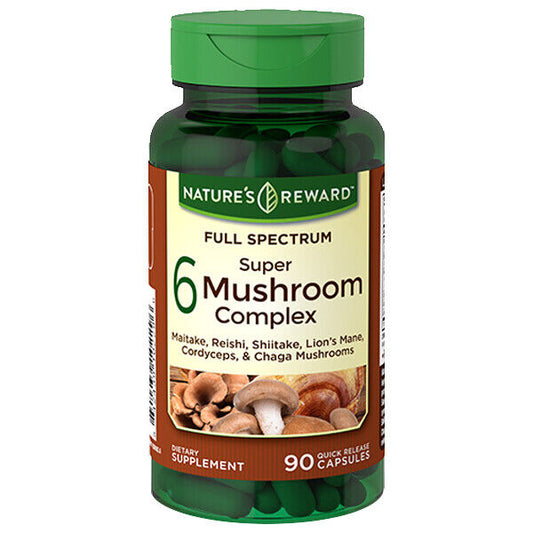 Super 6-Mushroom Complex 60 Caps Lions Mane Cordyceps Shiitake Reishi Chaga