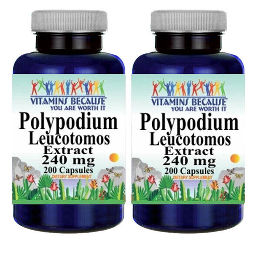 Polypodium Leucotomos Extract 240mg 2X200 Capsules | Vitamins Because | Skin UV & Antioxidant Support