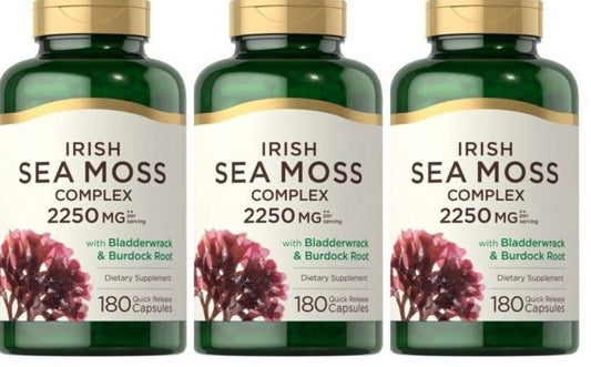 Irish Sea Moss Capsules 2250mg 3X180 Caps Bladderwrack/Burdock/Algae Non GMO