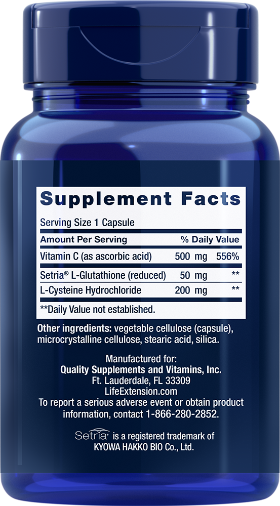 Life Extension L-Glutathione, Cysteine & Vitamin C – 5×100 Caps (500 Total) | Setria® Glutathione | Triple-Action Antioxidant & Liver Support