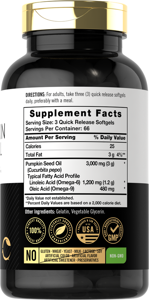 Pumpkin Seed Oil 3000mg Cold Pressed Extra Virgin Omega-6-9 Fatty Acids 200 Gels