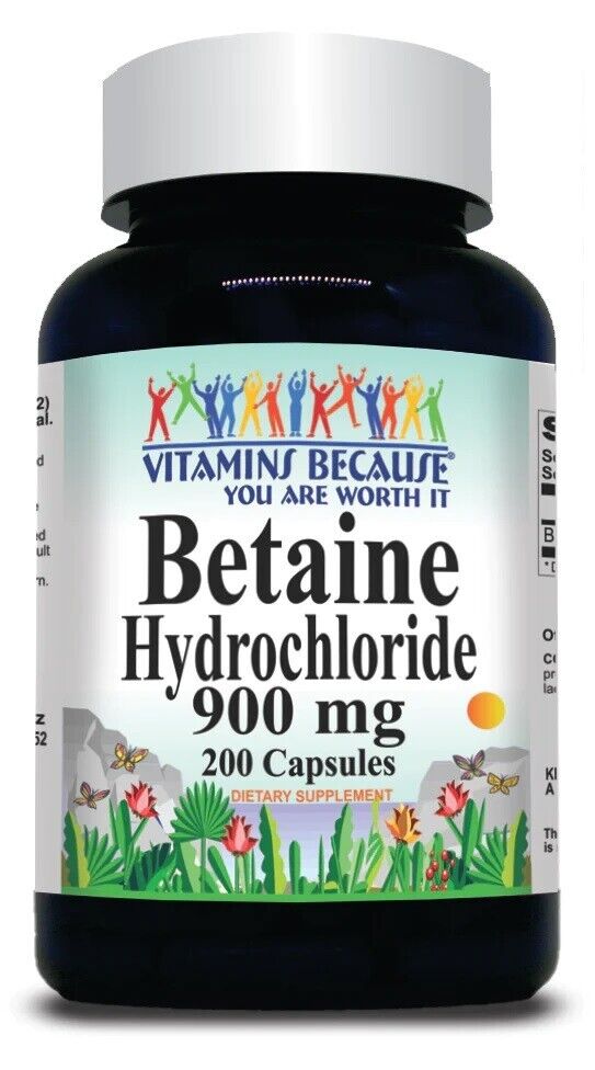 Betaine HCI 900mg Hydrochloride 200 Caps No Gluten