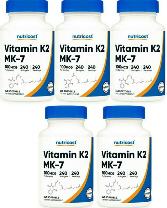 Vitamin K2 MK-7 100 mcg, 5X240 gels Gluten Free/Non-GMO Nutricost Menaquinone-7