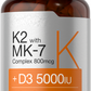Vitamin K2 MK7 800mcg with D3 Menaquinone 180 Caps D3 5000 IU Non GMO