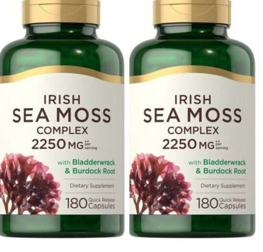 Irish Sea Moss Capsules 2250mg 2X180 Caps Bladderwrack/Burdock/Algae Non GMO