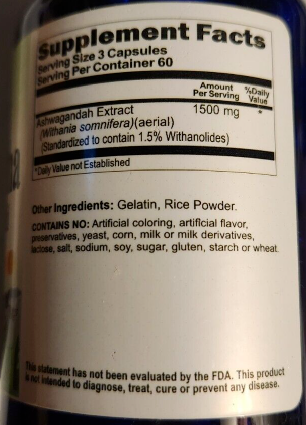 Ashwagandha Standardized Extract 1500mg 5X180 Caps Withania Somnifera