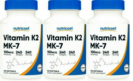 Vitamin K2 MK-7 100 mcg, 3X240 gels Gluten Free/Non-GMO Nutricost Menaquinone-7