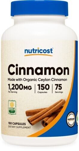 Organic Ceylon Cinnamon 1200mg 150 Caps Nutricost Non GMO/Vegeterian/No Gluten