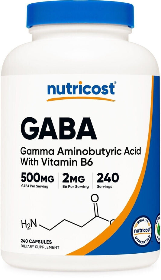 GABA 500mg (Gamma Aminobutyric Acid) + Vitamin B6 2mg, 240 Caps Nutricost NonGMO