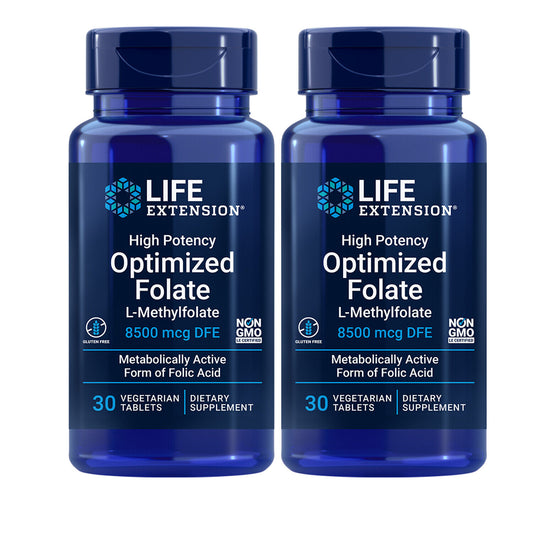 Life Extension High Potency Optimized Folate | L-Methylfolate (5-MTHF) 8500mcg | 2-Pack 30 Vegetarian Tablets