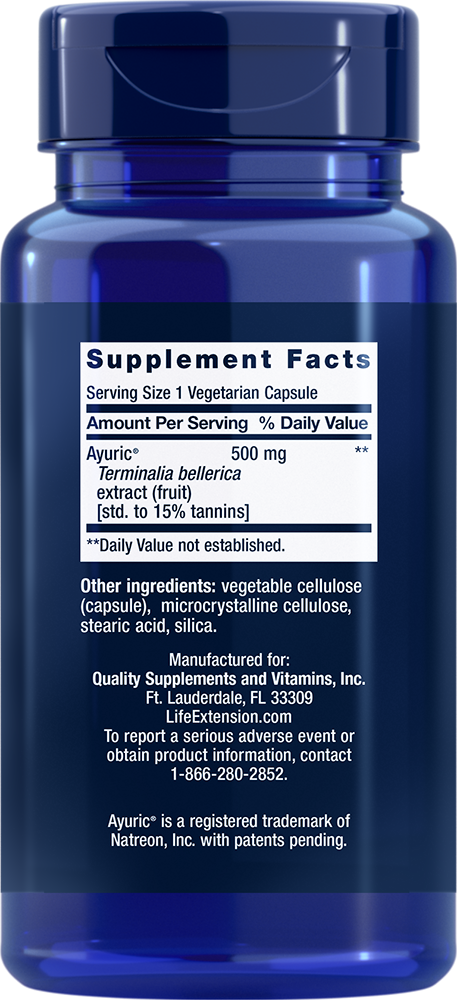 Life Extension Uric Acid Control 2X60Caps Ayuric 500mg Terminalia bellerica Gout
