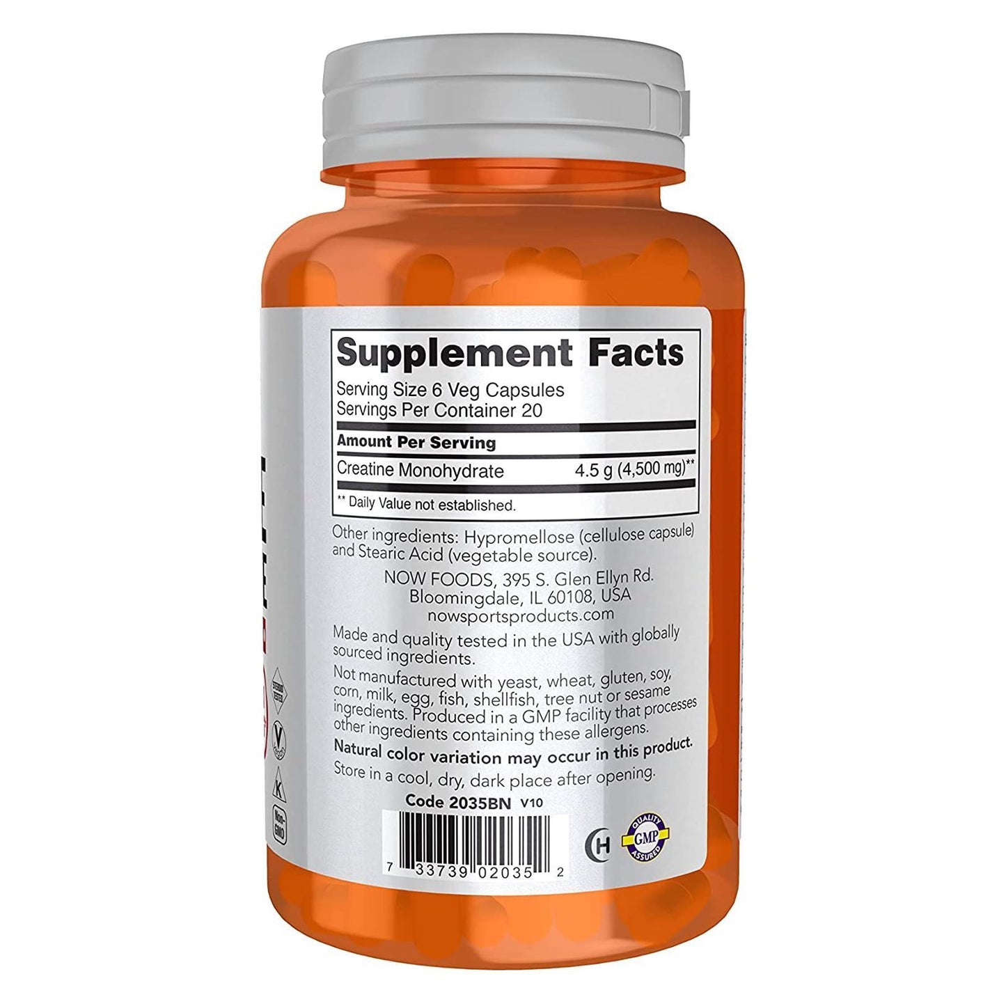 Creatine Monohydrate 750mg 120 Caps Now Foods Creatine 4500mg per 6 Kosher/Vegan/Non GMO