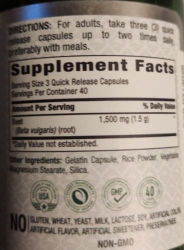 Beet Root 1500mg (per serv), 120 Quick Release Caps Gluten Free Beta Vulgaris